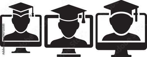 Three graduates in caps and gowns on computer screens representing online education Vector