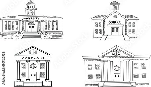 Hand drawn sketch set of academic and legal building icons including university school and courthouse architecture isolated on white background for educational law design