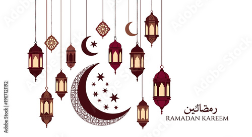 Ramadan kareem celebration with hanging lanterns and crescent moon stars on white background islamic holiday decoration