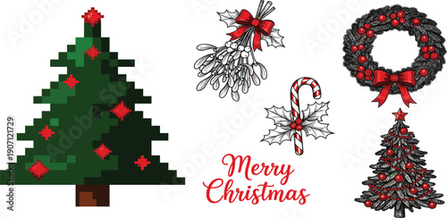 Diverse Christmas Illustration Set with Pixel Art Tree, Hand Drawn Mistletoe, Festive Wreath, and Vintage Pine Tree for Creative Holiday Designs and Seasonal Web Graphics