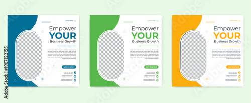 Corporate business social media post template bundle, business growth web banner set with 3 colour variations