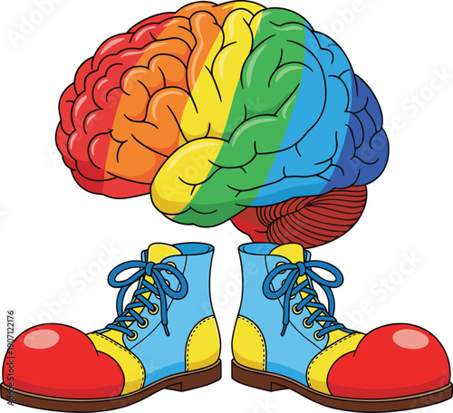Surreal 2D illustration of a human brain with rainbow pride flag colors wearing colorful clown shoes isolated on a white background for diversity concepts