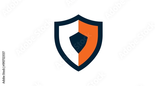 A graphic featuring a shield divided vertically into three sections of white, orange, and dark blue