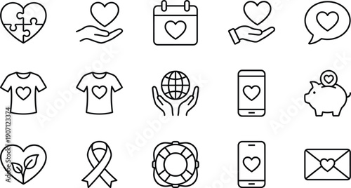 Linear vector icon set for charity and love featuring heart puzzles community support global care donation t-shirts piggy banks and volunteer fundraising symbols