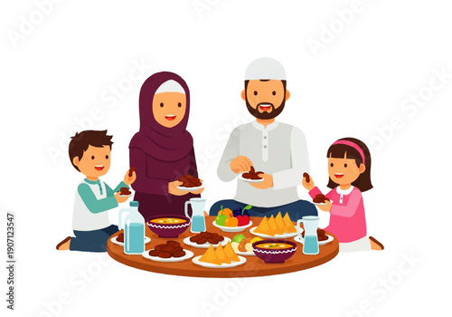Flat design illustration of a Muslim family enjoying a meal together on a round wooden table with a white background, vector graphic.