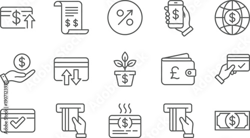 Linear vector icon set for banking and financial transactions featuring credit cards money growth currency exchange atm withdrawals wallet and global digital payments