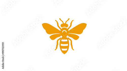 A golden stylized bee graphic with wings spread, set against a solid white background