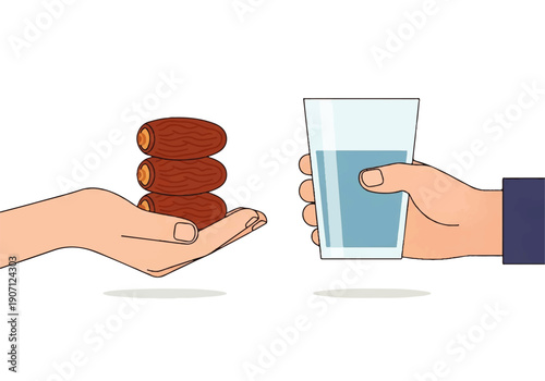 Flat design illustration vector of two hands, one offering stacked dates and the other holding a glass of water, against a clean white background with a simple composition.