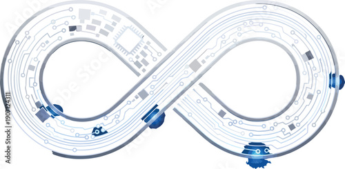 Digital infinity loop symbol rendered with integrated circuit board traces and glowing blue accents suggesting continuous integration and software development processes