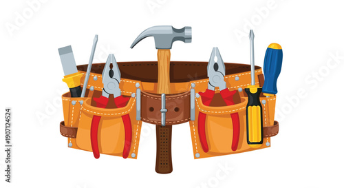 A brown leather tool belt is equipped with various carpentry and repair tools including a hammer, pliers, screwdrivers and a chisel.