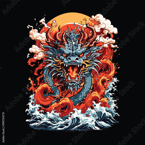 Powerful Japanese Dragon Illustration with Fire Flames, Ocean Waves and Rising Sun