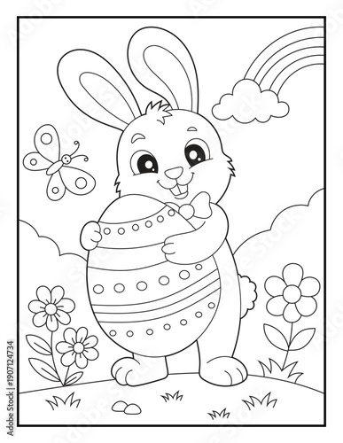Cute Easter Bunny Coloring Page for Children. Friendly Rabbit Holding Decorated Egg Vector Illustration for Kids
