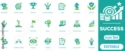 Success icon set. Featuring achievement, goals, strategy, motivation, trophy, reward, planning, growth, focus, teamwork, victory and more icons. perfect vector icon collection.