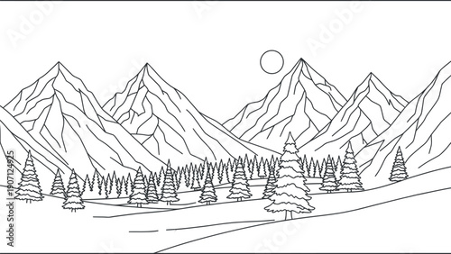 Minimalist black and white line art illustration depicting a vast mountain range backdrop with a dense pine forest and a simple circular sun or moon above the peaks.