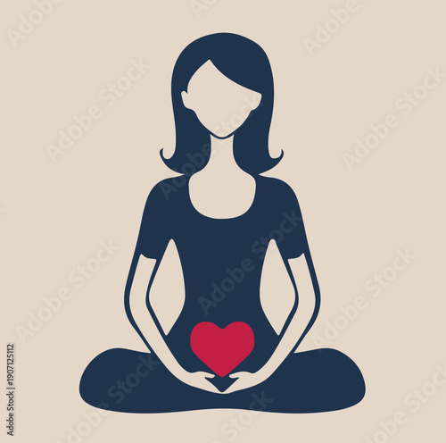 Silhouette of an adult woman in the lotus position, hands forming a heart at the bottom of the abdomen. Topic: yoga for pregnant women. Minimalistic vector, beige background.