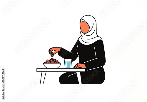Flat design illustration vector of a woman wearing a hijab eating from a bowl on a table with a glass of water.