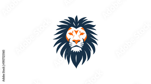 A stylized lion's head with a dark blue mane and orange face details on a white background