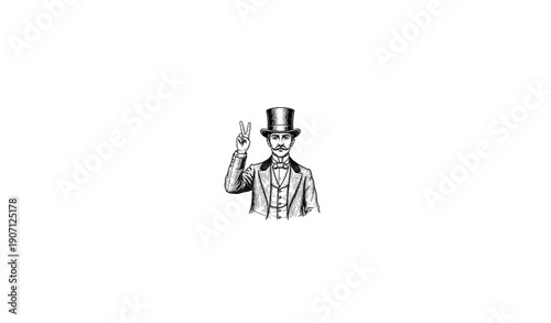 Elegant Victorian gentleman in top hat making victory V sign engraving vector
