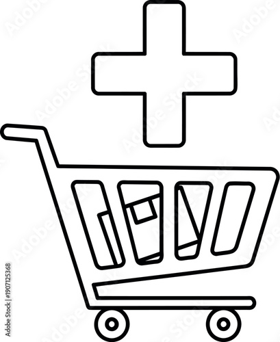 Simple black and white outline icon representing the action of adding items to a shopping cart for online purchasing or retail transactions