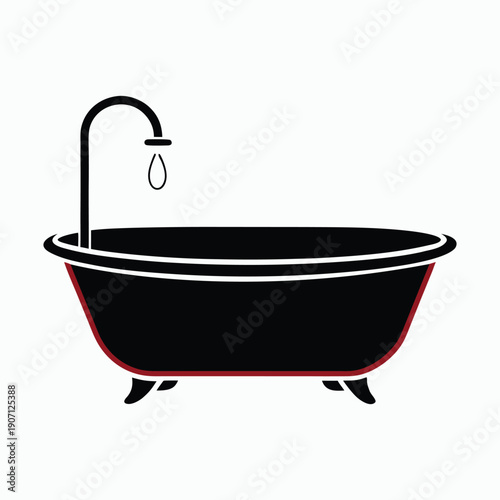 White outline of a clawfoot bathtub with a shower head and dripping water on a black background Keywords: bathtub, bath, tub, shower