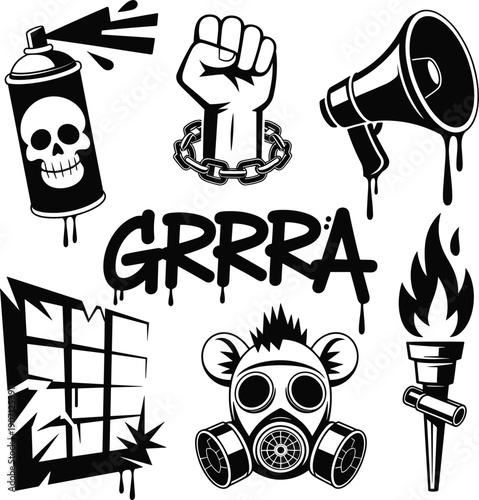Black and white protest illustration with spray paint skull, clenched fist chain, gas mask, megaphone, torch flame, shattered window rebellion