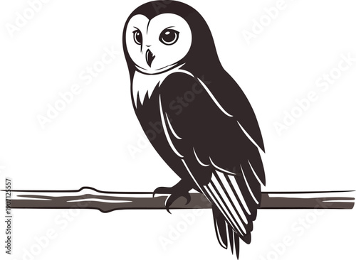 Stylized monochrome illustration of a beautiful owl perched calmly upon a simple tree branch showcasing wisdom and natural design elements