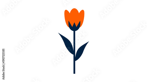 Simplified illustration of a single flower with orange petals, dark blue stem and leaves