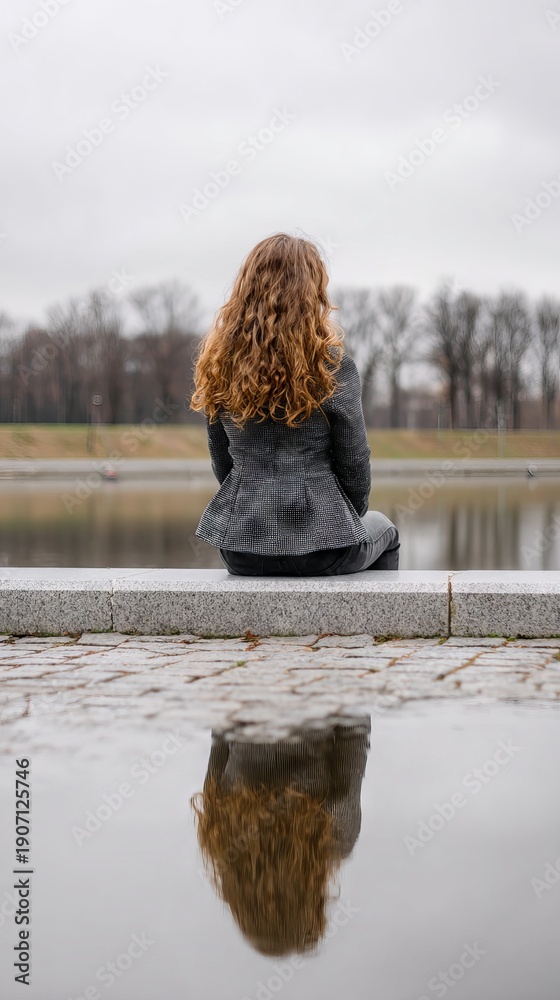 Fototapeta premium Woman with curly red hair sitting on the edge of a stone pier, gazing at the still water, with reflections visible and trees in the background