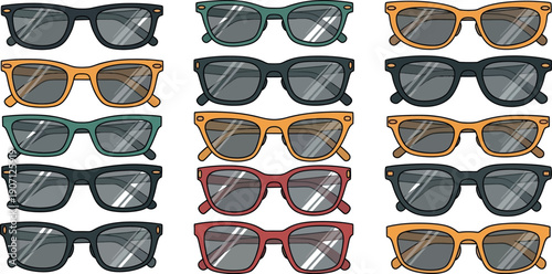 Collection of stylish wayfarer sunglasses icons featuring various frame colors like black grey orange green and red for fashion and accessory design concepts