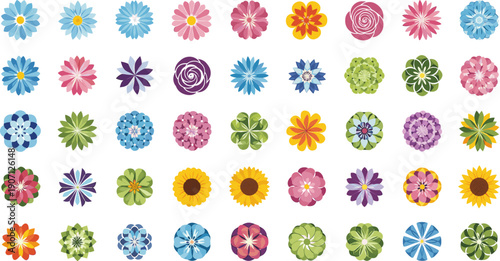 Vibrant botanical flower icon set with sunflowers daisies and roses in a colorful flat design style,