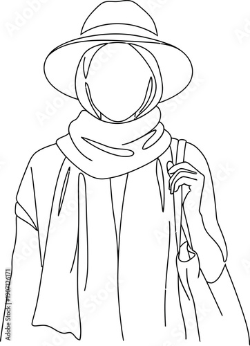 Minimalist continuous line art drawing depicting a stylish woman wearing a wide brim hat, flowing scarf, and carrying a tote bag ready for outdoor travel or daily urban adventures.