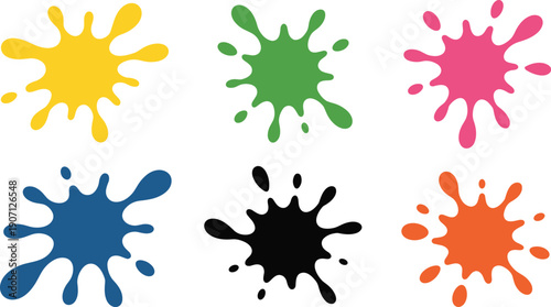 Colorful paint splashes set, abstract liquid ink blot shapes, vibrant splatter elements isolated on white background