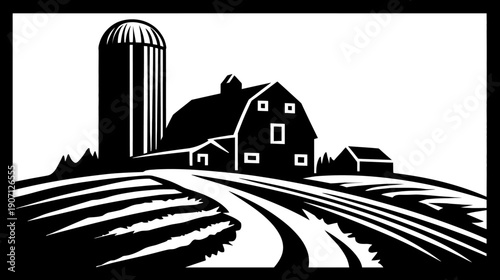 A black and white illustration of a farm scene with a silo, barn, and a winding road