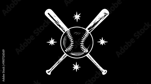 A white illustration of a baseball, crossed bats, and stars on a black background