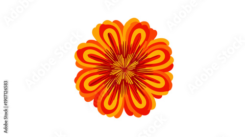 A brightly colored flower with overlapping petal layers of red, orange, and yellow hues