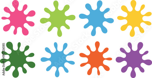 Colorful paint splash icons set, abstract liquid splatter shapes, vibrant ink blot elements isolated on white background for creative design