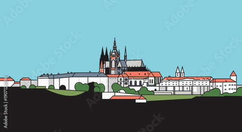 Minimalist European Cityscape Illustration Featuring Iconic Historic Architecture