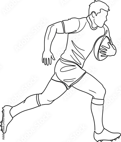 Athletic rugby player in motion outline drawing clutching the oval ball tightly while sprinting downfield during a competitive sporting match illustration