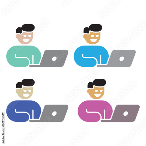 Four happy people sitting at laptops with colorful bean bag chairs Vector