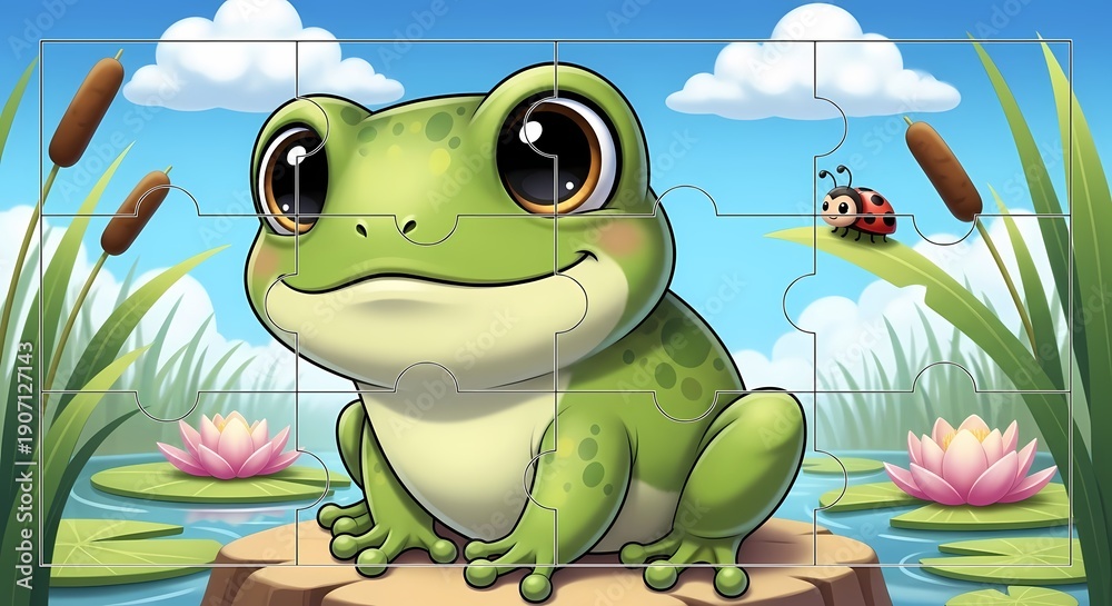 Fototapeta premium Adorable Cartoon Green Frog Sitting Peacefully on Rock in Pond Puzzle