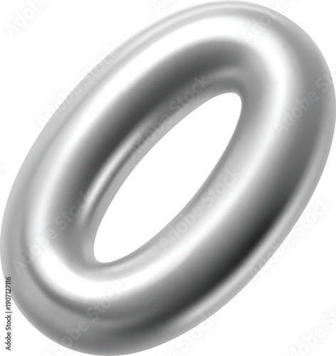 Silver metallic 3d bended oval ring realistic symbol. Shiny metal oval ring form, silver realistic isolated vector shape. Chrome metallic 3d render element or glossy gradient balloon figure