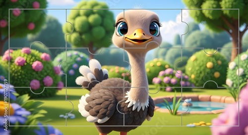 Charming Baby Ostrich with Big Eyes in a Whimsical Outdoor Garden