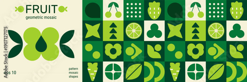 Geometric mosaic of fruits with vegetable shape and abstract leaf pattern.