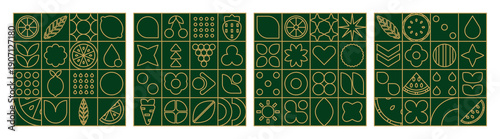 Set restaurant background with abstract geometric mosaic of fruits and leaves.