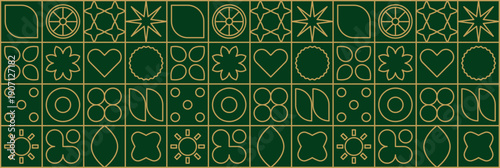 Geometric fruit mosaic with organic leaf lines for green restaurant background.