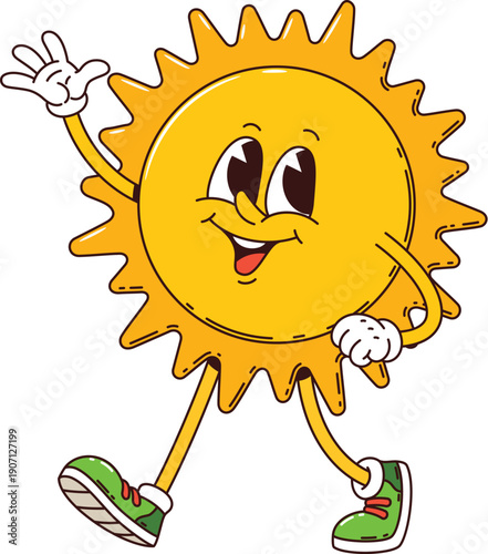Cartoon groovy funny sun character with happy smile on face, vector cheerful personage. Groovy sun character with sunny smile and Hi hand gesture walking in funky hipster shoes for summer emoji