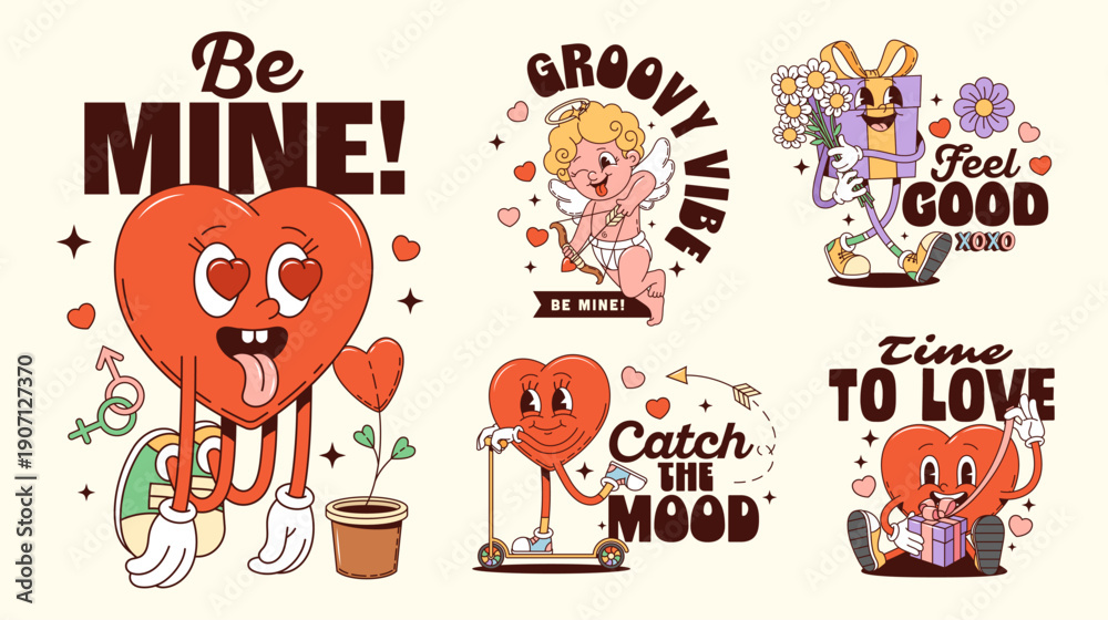 Fototapeta premium Valentine groovy characters love stickers with vector y2k hearts, gift and Cupid. Cartoon retro groovy mascot stickers of Valentine's Day hearts, romantic gift box with flowers and cute Cupid angel