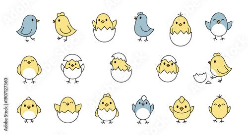 Cute collection of cartoon chicks and hatching eggs in various adorable poses for easter or farm animal themed design projects.