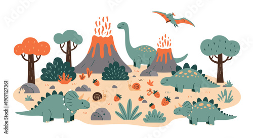 Detailed prehistoric landscape illustration with various dinosaurs, erupting volcanoes, lush trees, and small strawberries for children.