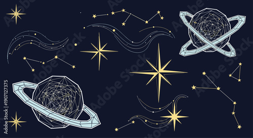 Celestial space illustration featuring geometric planets with rings, constellations, and sparkling stars on a dark midnight blue background.